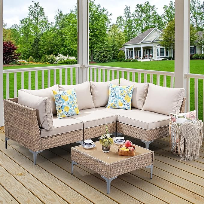 5-Piece Patio Furniture Set, Outdoor Wicker Sectional Sofa
