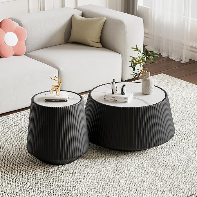 Modern Marble Nesting Coffee Table Set of 2, 26.77" Cup Shaped Coffee and End