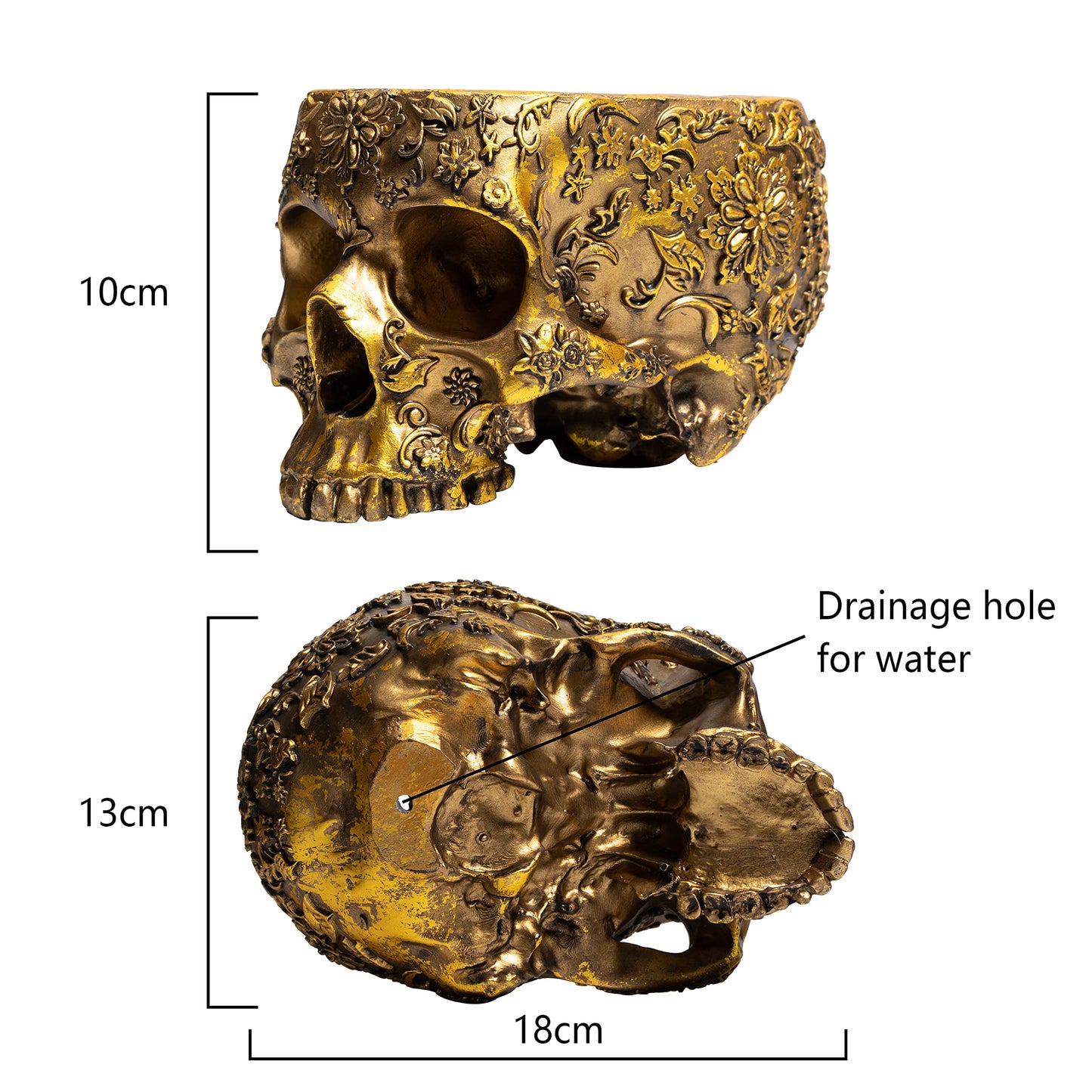 Gold Skull Planter Pot 6 Inch Skeleton Head Pot for Succulents Flowers, & Bowl Dish Gothic Decor for Garden Home Parties Haunted House Spooky Black Display Halloween Skull Flower Pot Decoration Gift