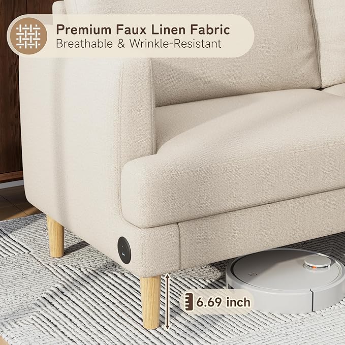 70" Modern Loveseat Sofa with USB Type-C Ports, Linen Fabric 2-Seater Deep Seat