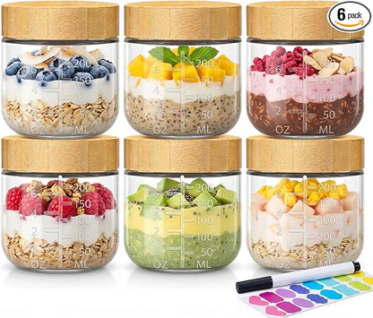 8oz Glass Jars with Airtight Lids - 6 Pack Overnight Oats Containers with Bamboo Lids, Small Food Containers with Measurement for Yogurt, Salad, Chia, Wide Mouth Mason Jar with Lid for Food Storage