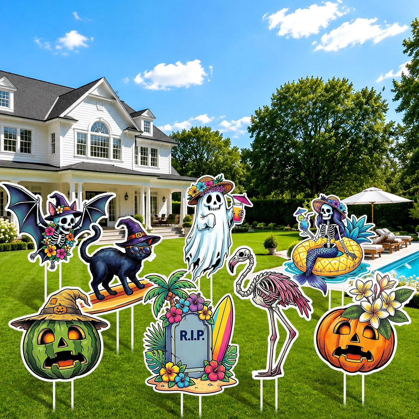 Mifoci 8 Pcs Summer Halloween Decorations Large Summer Halloween Yard Signs Waterproof Tropical Spooky Garden Stakes for Outdoor Lawn Beach Themed Party Holiday Display