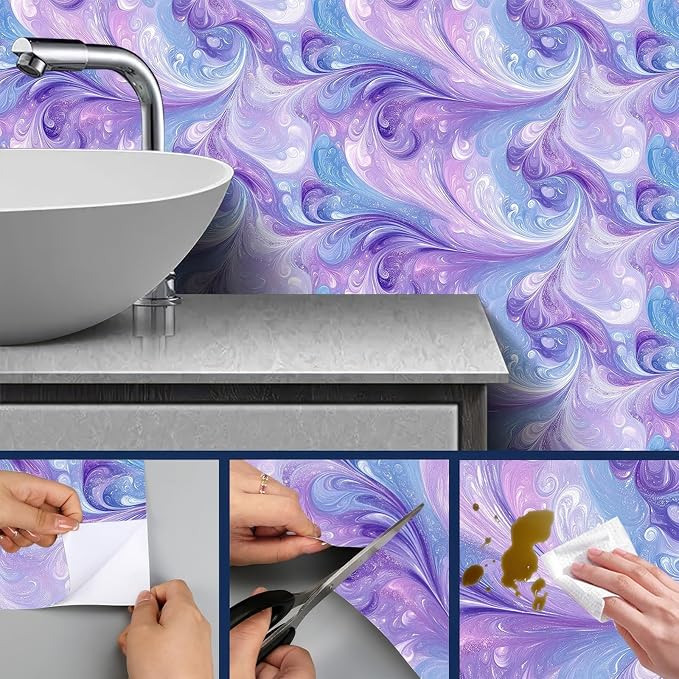 HOMETITUTE Purple Blue Marble Swirl Pattern Wallpaper Peel and Stick Contact