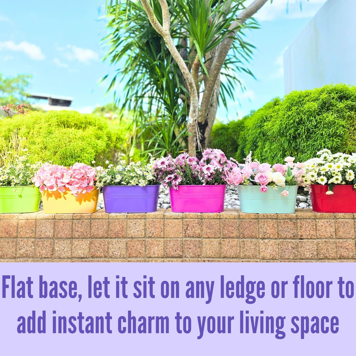 LaLaGreen Outdoor Hanging Planter (11.2 Inch, 6 Pack) Light Blue, Neon Pink, Dark Purple, Yellow, Red Metal Iron Window Box Flower Pot Deck Railings Fence Buckets Modern Boho Style Home Garden Decor