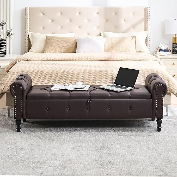 Storage Bench for Bedroom, Faux Leather King Size Bench