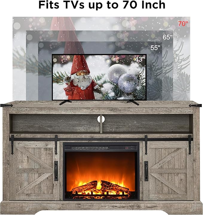 OKD Fireplace TV Stand for 65+ Inch TV, Rustic Media Console w/Sliding Barn