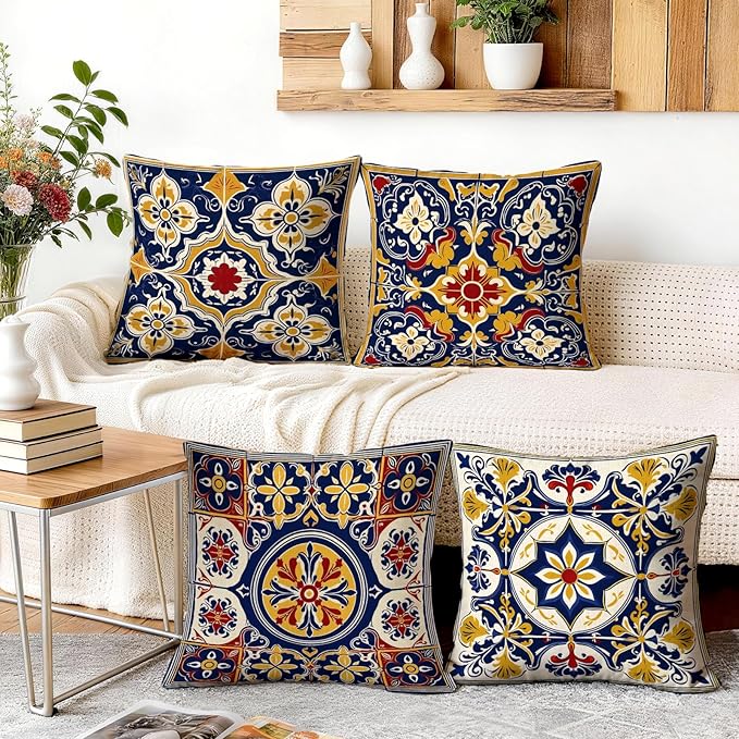 OBSEDE Throw Pillow Covers Set of 4, 18x18 Inch Blue and Yellow Mediterranean