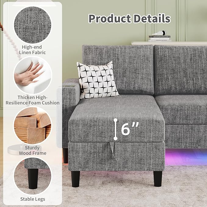 Sectional Couches for Living Room, 6-Seats Soft Linen Fabric Sectional Sofa