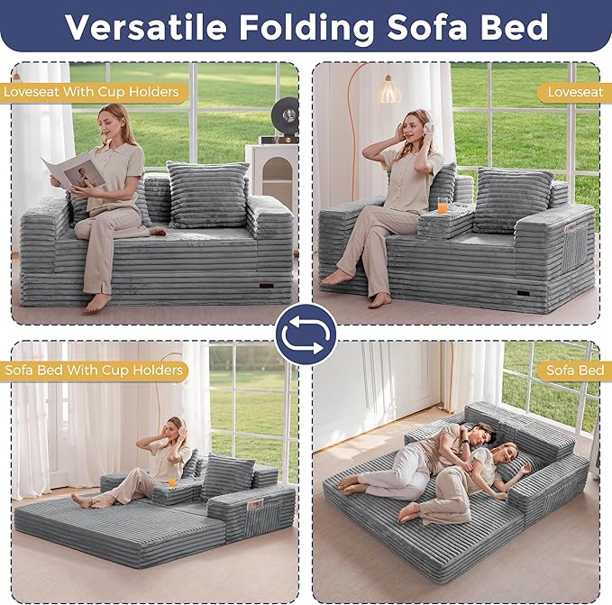 MAXYOYO Loveseat Sofa Bed, Striped Faux Fur Foldable Floor Sofa Couch in A Box