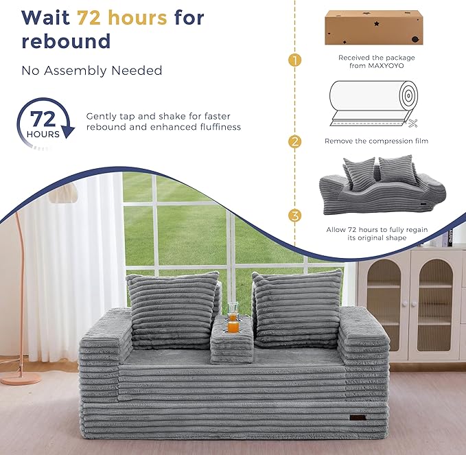 MAXYOYO Loveseat Sofa Bed, Striped Faux Fur Foldable Floor Sofa Couch in A Box
