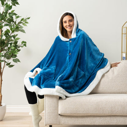 PAVILIA Hooded Blanket Poncho, Women Sherpa Fleece Shawl Wrap with Hood, Wearable Blanket Cozy Warm Poncho Cape Throw with Pockets, Gift for Elderly Mom, Turquoise Sea Blue