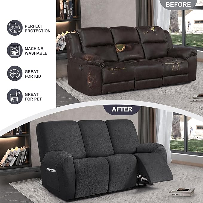 ANARACHON Leather Look Recliner Couch Cover, 8-Pieces Stretch Recliner Sofa