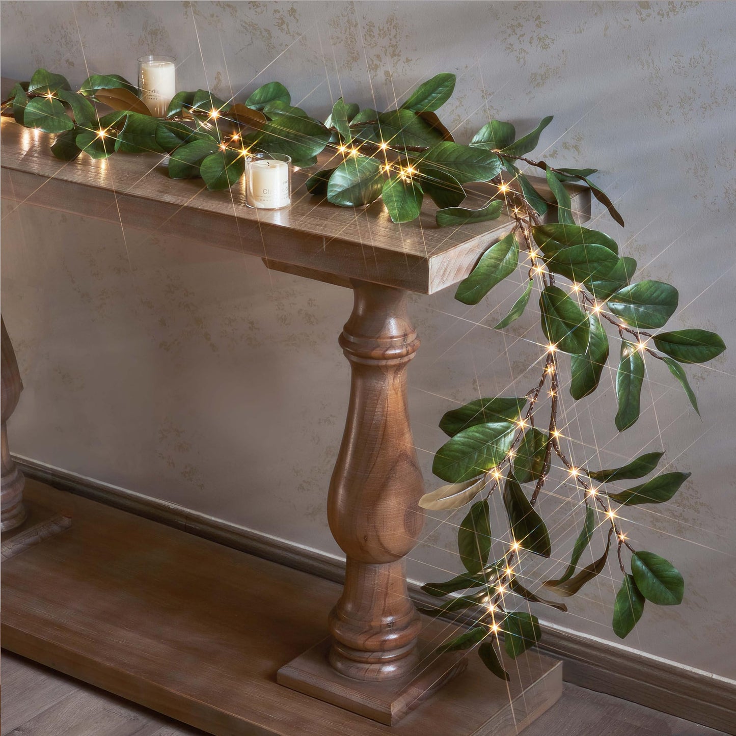 LITBLOOM Faux Magnolia Garland with Lights 6FT Battery Operated with Timer or USB Plug in, Lighted Greenery Garland with 80 Fairy Lights for Home Fireplace Mantle Holiday Decoration Inside