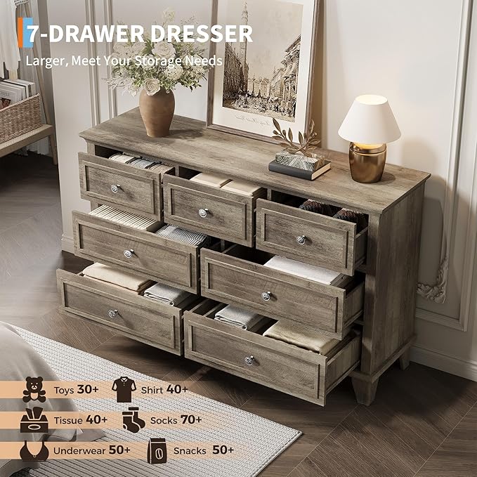 IDEALHOUSE 7 Drawer Dresser, Large Wooden Storage Chest of Drawers