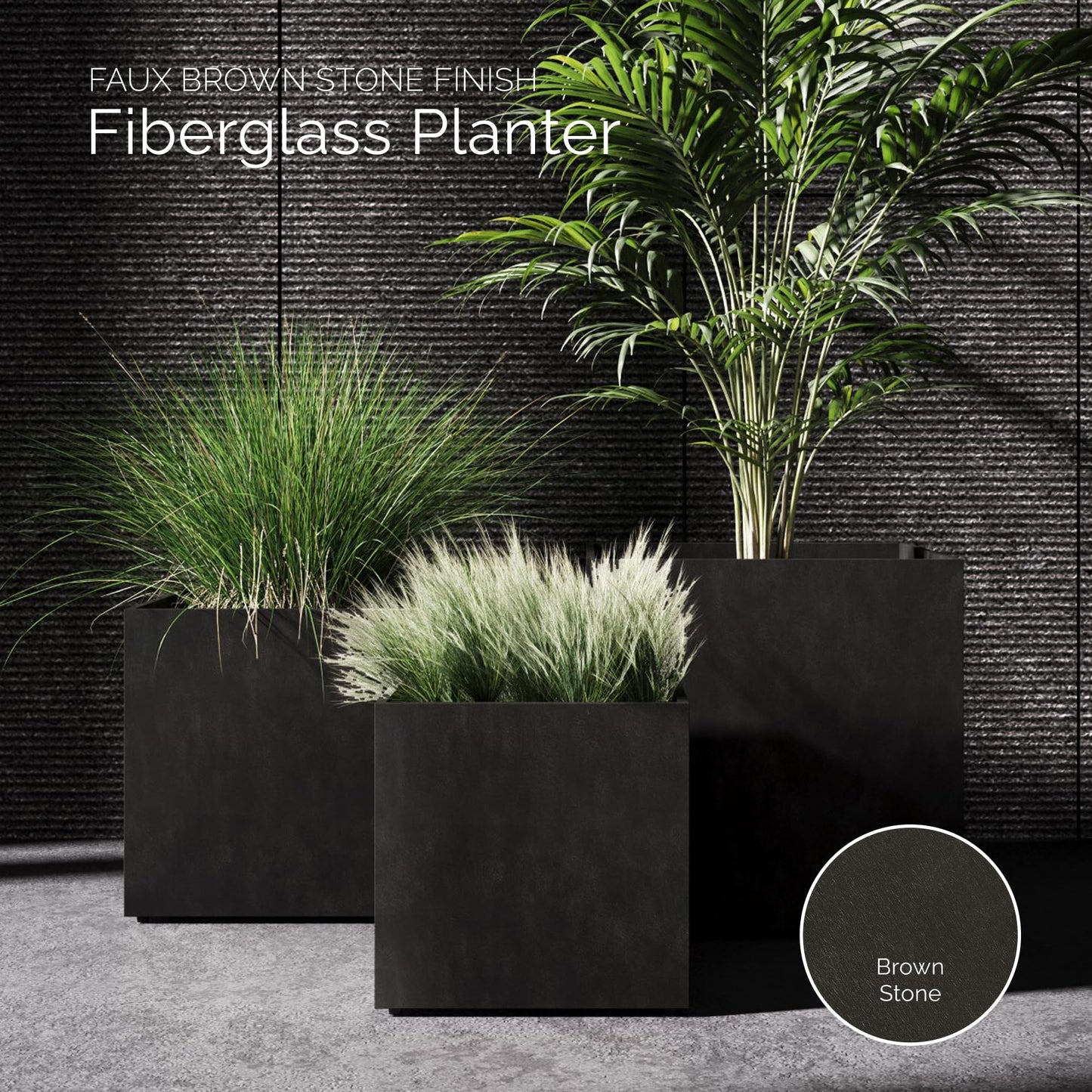 COSAPOTS Reglito Cube Fiberglass Planter – Lightweight Indoor/Outdoor Plant Pot, Frost & Weather Resistant, Handmade Modern Decorative Planter – 23.6" X 23.6" X 24.2" – Brown Stone