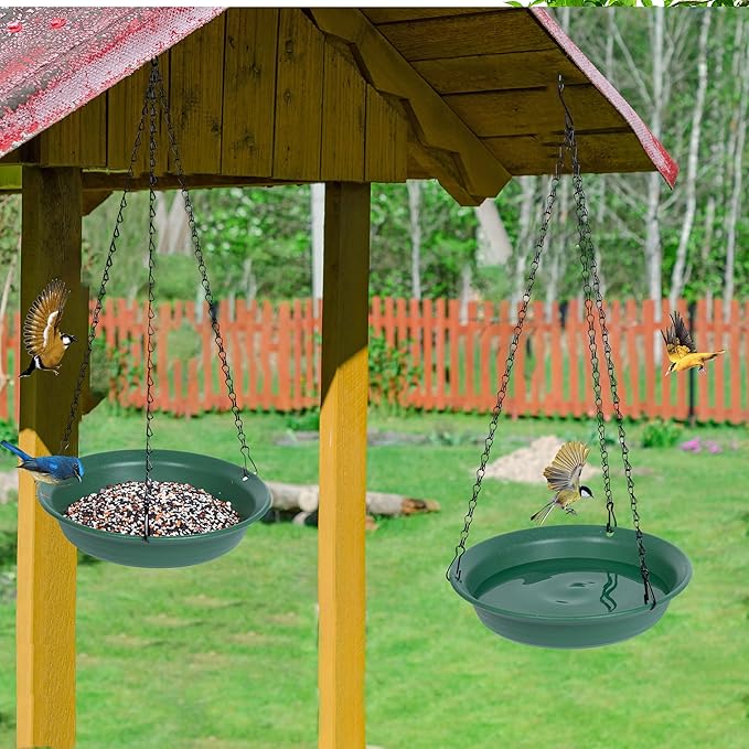 VUWEZ Hanging Bird Feeder & Bath for Outdoors, Wild Bird Feeders Tray, Hanging Birdfeeder Birdbath for Outside, Cardinal, Blue Jay, Crow, Birdfeeders Trays (10", 1 Pcs with Hole & 1 Pcs No Hole)