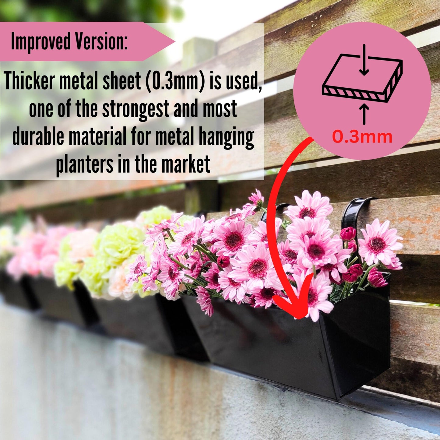 LaLaGreen Railing Hanging Planters (2 Pack, 16 Inch) Large Black Metal Strawberry Flower Pots Outdoor Countryside Modern Rectangle Succulent Planter with Drainage Holes Hanger Balcony Deck Fence Porch