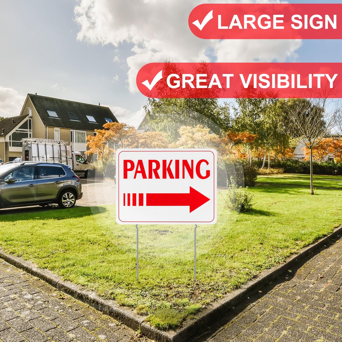 Qunclay 4 Pcs Event Parking Sign with Stake, with Directional Arrows 12 x 16 Inch Double Sided Corrugated Plastic Guest Parking Sign for Outdoor Yard(Red)