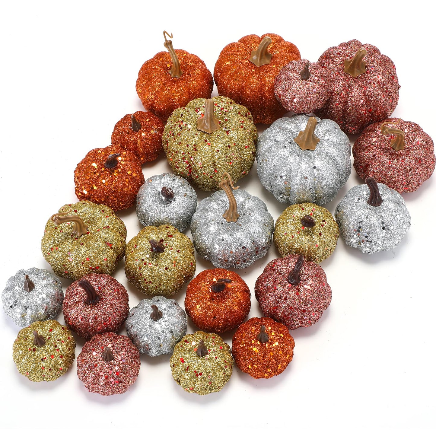 Simgoing 24 Pcs Thanksgiving Glitter Mini Pumpkin Decor Orange, Silver, Gold Small Artificial Foam Pumpkins Fall Tree Hanging Ornament Tiered Tray Decor for Autumn Thanksgiving Party Indoor Home