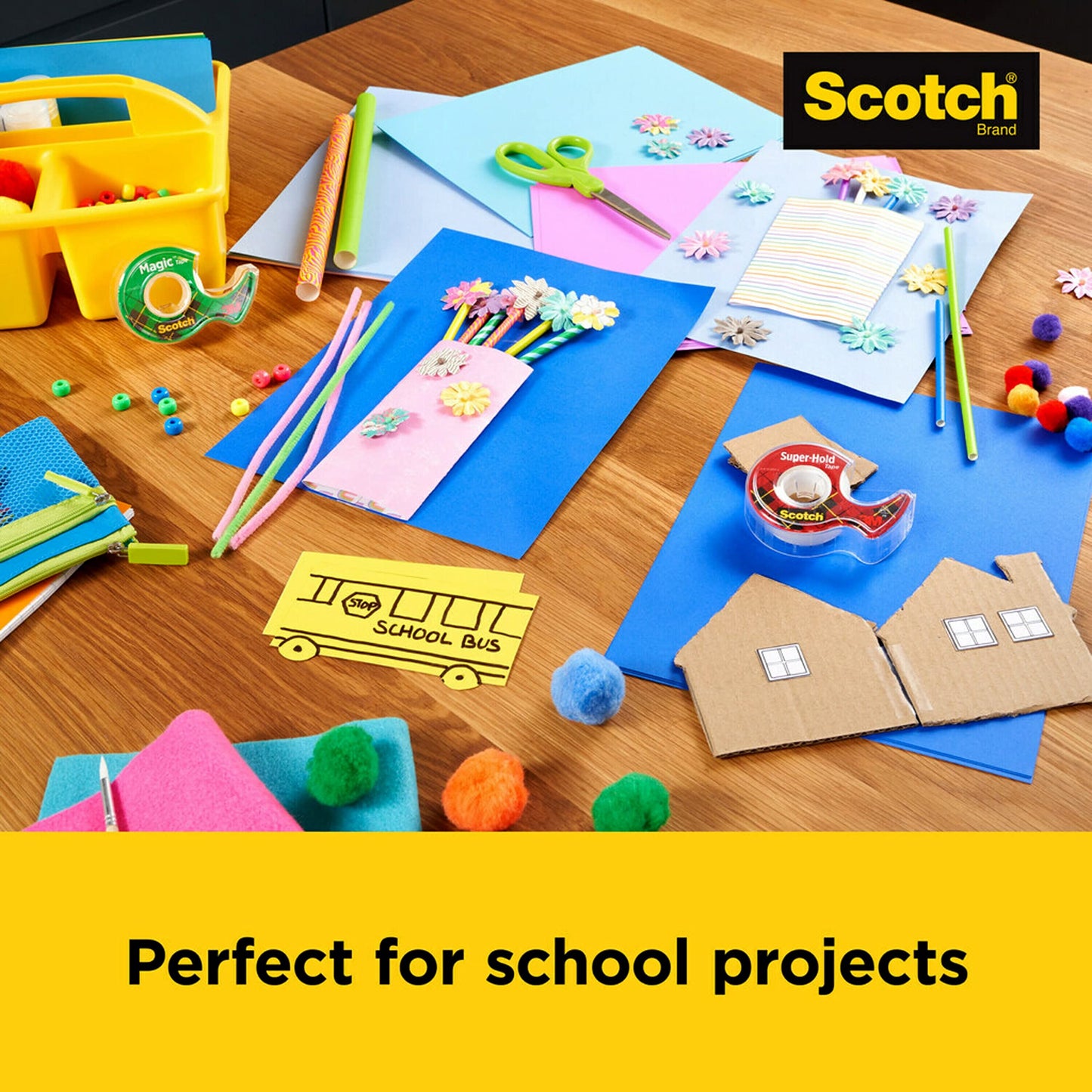 Scotch and Post-it brand office essentials kit, business and teacher supplies set with super sticky notes, super hold tape, magic tape, flags, sharp scissors, multicolor