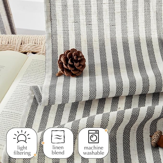 jinchan Striped Linen Kitchen Curtains 36 Inches Tier Curtains Farmhouse Modern Cafe Style Small Window Treatments Airy Light Filtering Rod Pocket for Living Room Bathroom 2 Panels Charcoal Grey