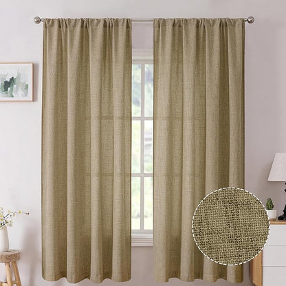 Tollpiz Short Linen Curtains Bedroom Rod Pocket Semi Sheer Curtain Burlap Light Filtering Thick Linen Drapes for Living Room, 38 x 45 inches Long, Taupe, Set of 2 Panels