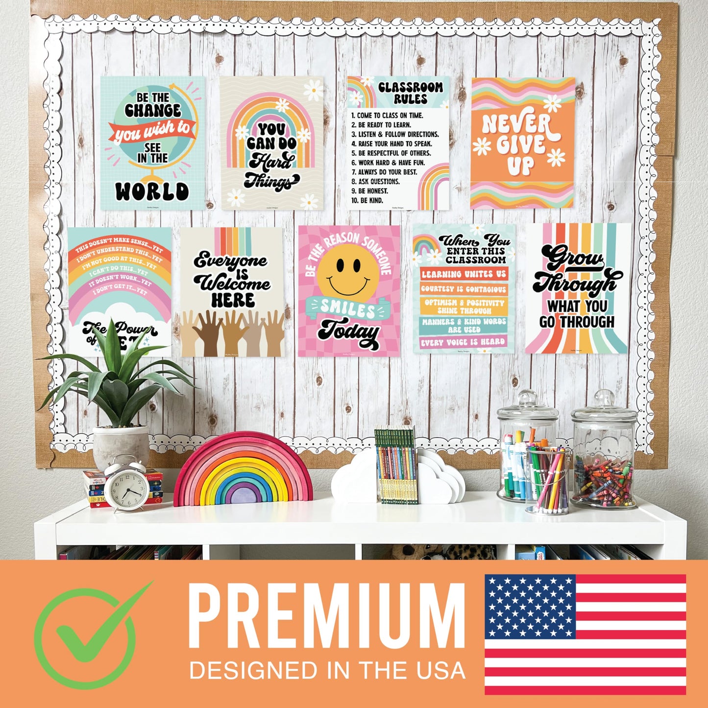 Hadley Designs Motivational Poster for Classroom Decor - 9 Growth Mindset Classroom Posters Elementary, Inspirational Wall Decor Middle School, Teacher Must Haves, Retro Bulletin Board Decorations