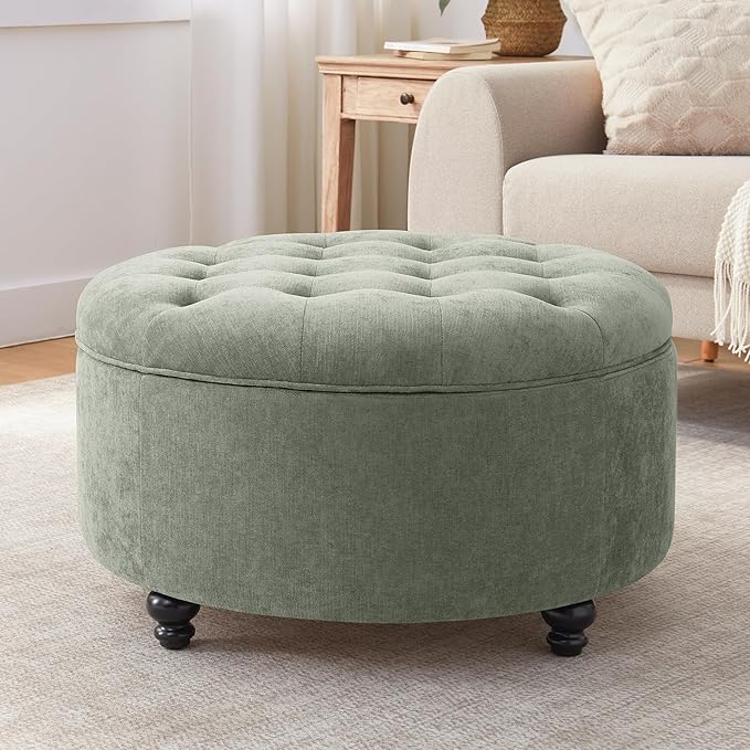 HUIMO 30-Inch Round Storage Ottoman, Modern Button Tufted Coffee Table