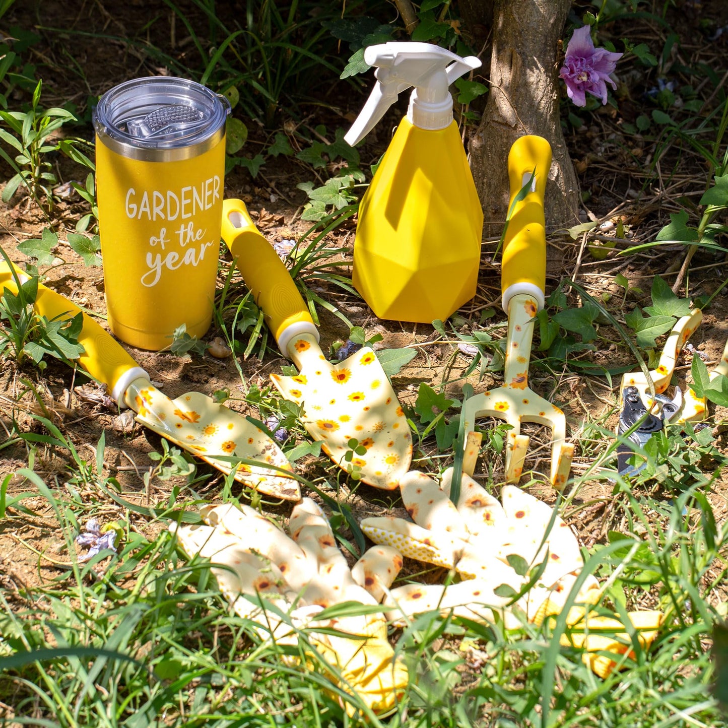 Garden Tool Set with Sunflower Print, Heavy Duty Gardening Hand Tools with Garden Tool Bag,Gardening Gifts for Women&Men,Yellow