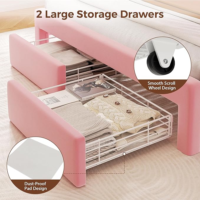 Queen LED Bed Frame with Storage Headboard & 2 Storage Drawers, Princess Velvet
