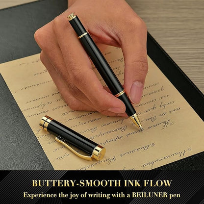 BEILUNER Ballpoint Pens, Stunning Black Chrome Metal Pen with Golden Trim, Best Ball Pen Gift Set for Men & Women, Professional, Executive, Office, Nice Pens-Gift Box with 0.5mm Black Extra Refill