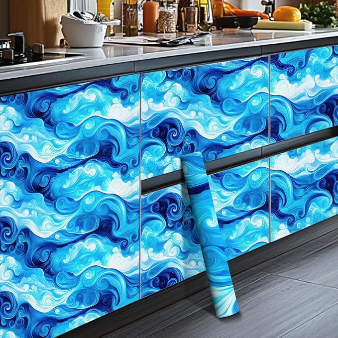 HOMETITUTE Artistic Blue Swirl Wave Pattern Wallpaper Peel and Stick Contact