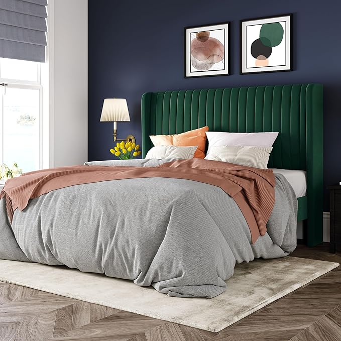 Allewie Queen Size Bed Frame/Velvet Upholstered Platform Bed/Vertical Channel