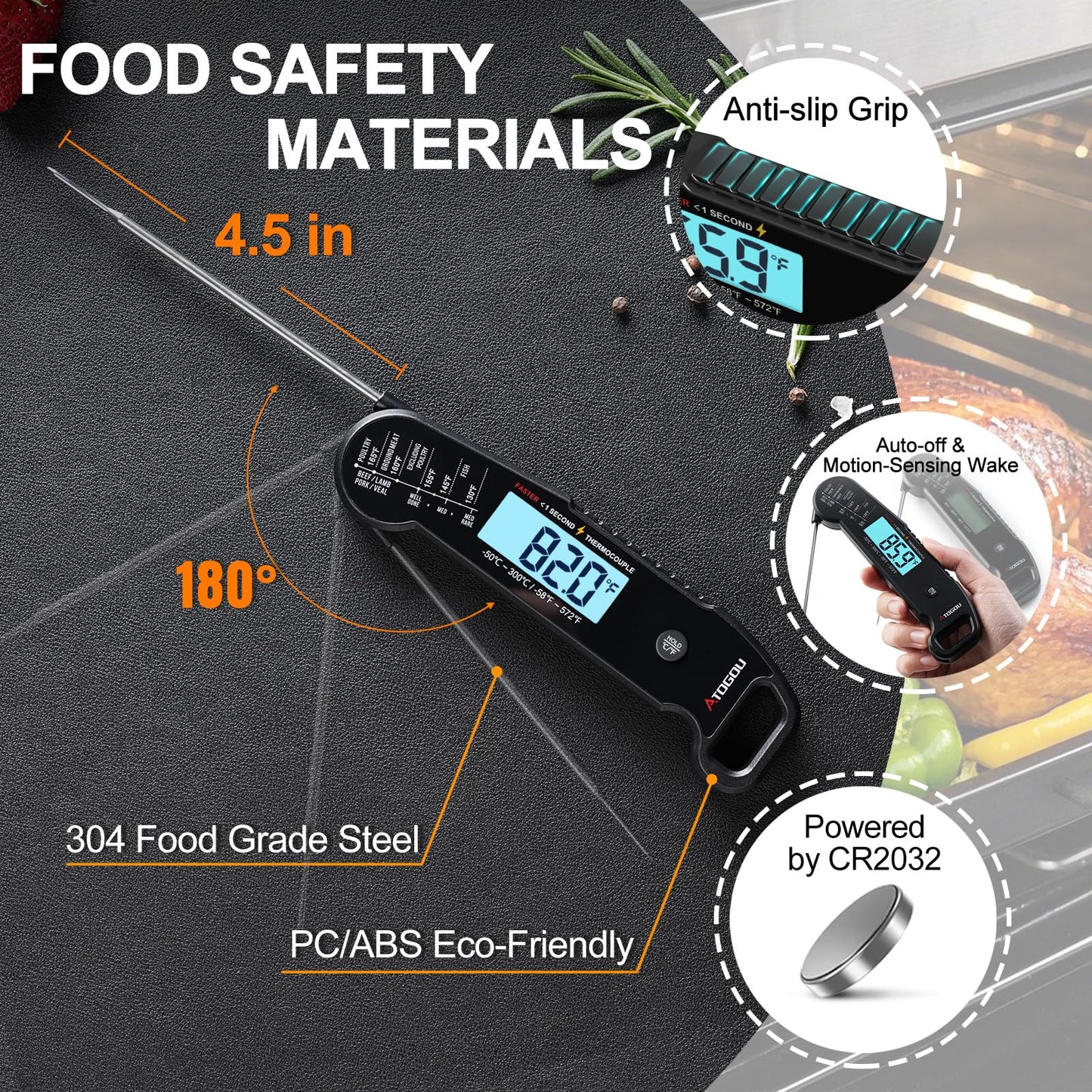 Professional Food & Meat Thermometer, 1 Sec Instant Read & ±0.5℉ Accuracy Driven by Thermocouple Sensor. IP67 Waterproof Digital Thermometer for Cooking, BBQ, Grill Gifts for Men Him Dad Birthday