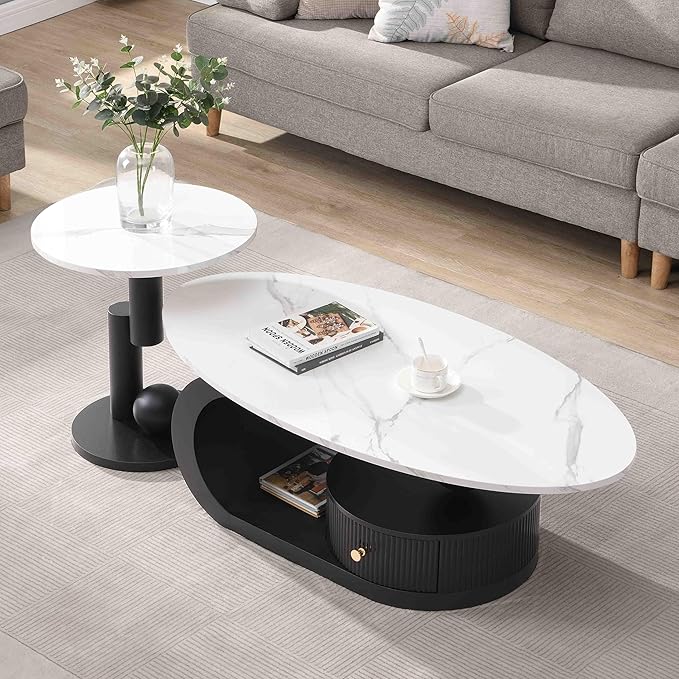 Modern Oval Coffee Table Set of 2, Faux Marble Coffee Table and Round End Table