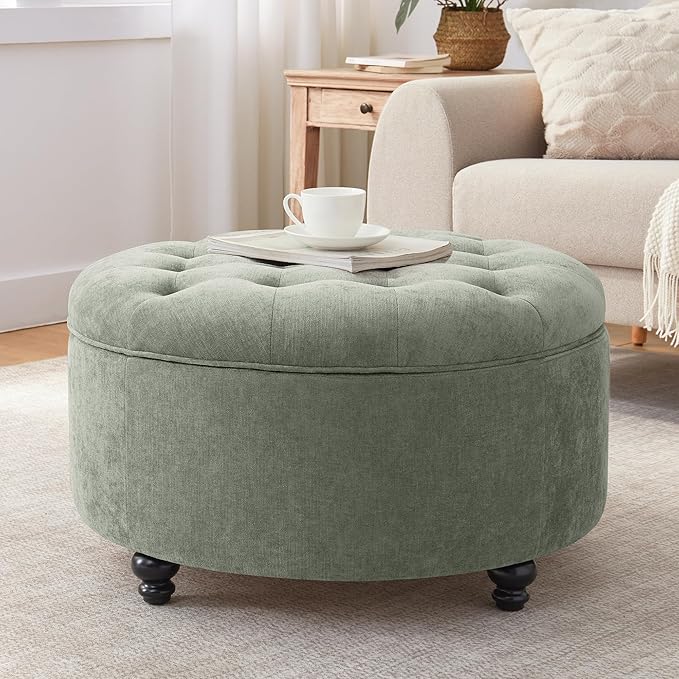 HUIMO 30-Inch Round Storage Ottoman, Modern Button Tufted Coffee Table