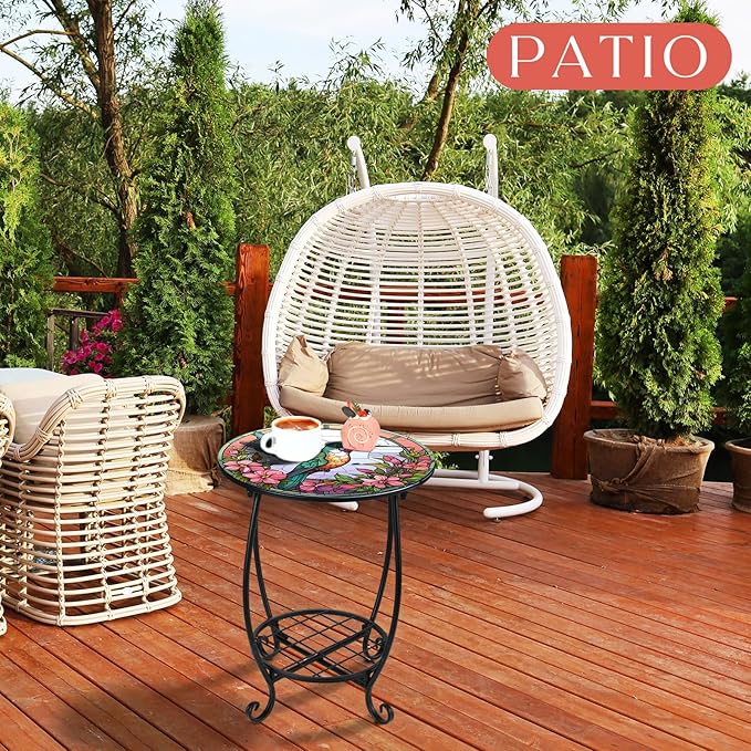 Cinnvoice Outdoor Side Table Round Small Mosaic Patio Accent Indoor End Plant
