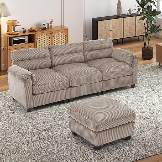 HAOMARKETS Corduroy 2-Piece Sofa Set, Upholstered Ottoman and 3-Seater Sofa