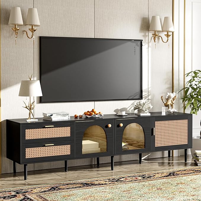 Merax Rattan TV Stand with LED Lights, Solid Wood Feet, Living Room, Bedroom