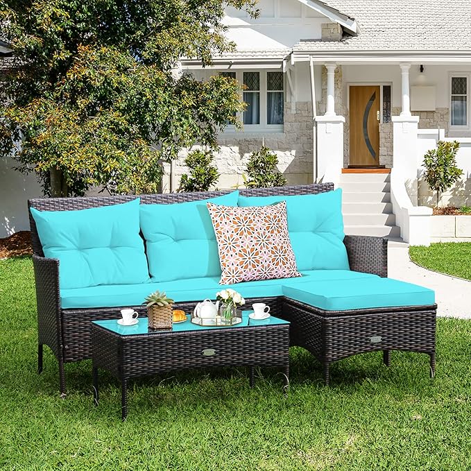 Tangkula 3 Pieces Patio Conversation Set, Outdoor PE Rattan Wicker Furniture