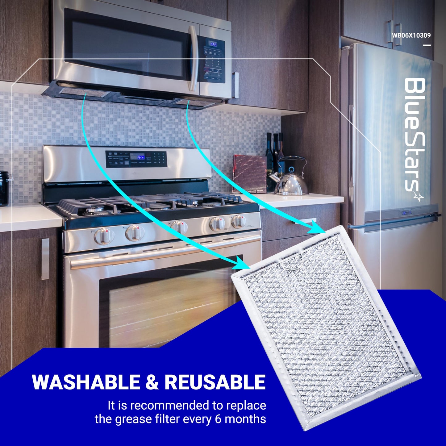 BlueStars Ultra Durable WB06X10309 WB06X10359 ME17R7021ES AA Microwave Grease Filter Replacement 7.64 x 5.12 - For G.E LG Kenmore Over-the-range Vent Hood Microwaves ME21R7051SS - 5 Packs