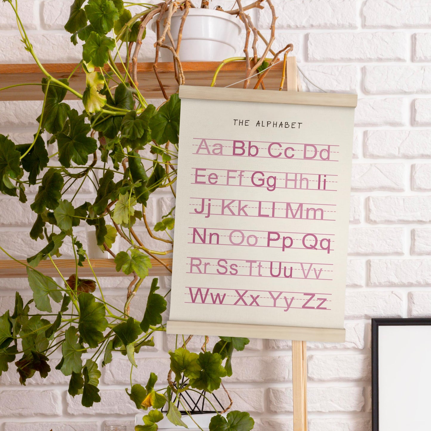 HRQKO Alphabet Numbers Poster Hanger Frame Set of 2, Pink Girls Nursery Wall Decor, ABC Poster Wall Art with Wooden Frames, Pink Alphabet Banner Wall Hanging Decor for Toddler Playroom, 12x16 Inch