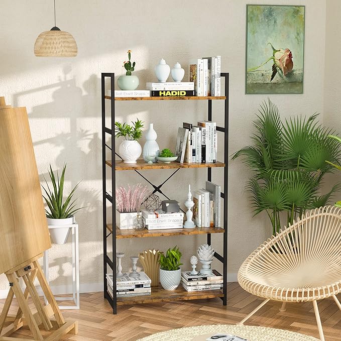 NUMENN 4 Tier Bookshelf, Tall Bookcase Shelf Storage Organizer, Modern Book