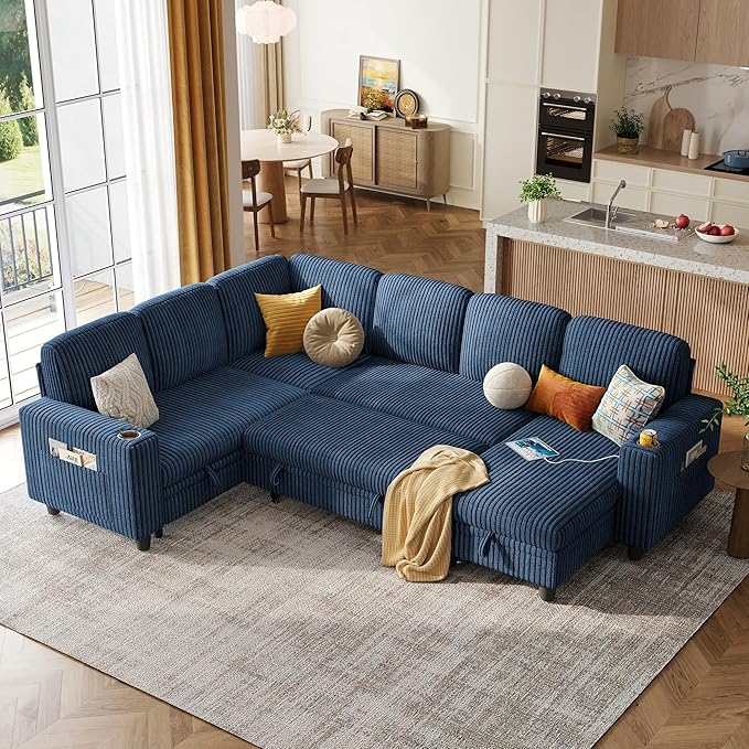 LINSY HOME Sectional Sofa with Pull Out Bed, 6 Seats Corduroy Reversible