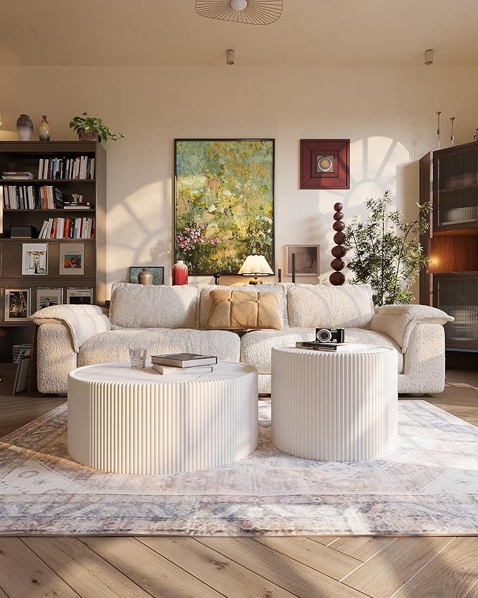 White Marble Round Coffee Table, 29.52" Fluted Coffee Table