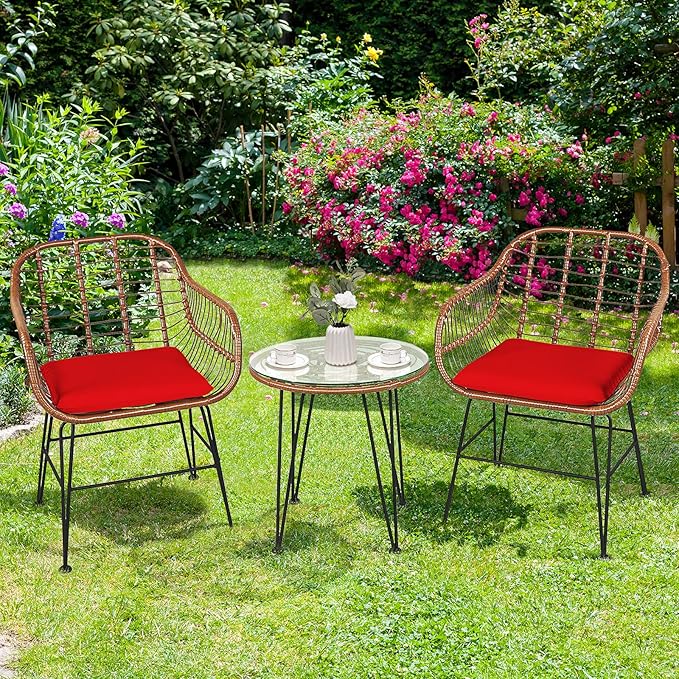 Tangkula 3 Pieces Patio Conversation Bistro Set, Outdoor Wicker Furniture