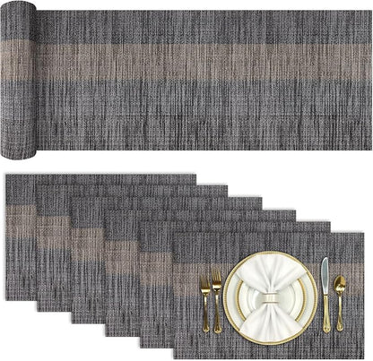 Aofmee Table Runner and Placemats Set of 6 Washable, Heat Resistant Place Mats with Table Runner, Woven Vinyl Table Placemats for Dining Table, Stain Resistant Kitchen Table Mats Sets, Easy to Clean