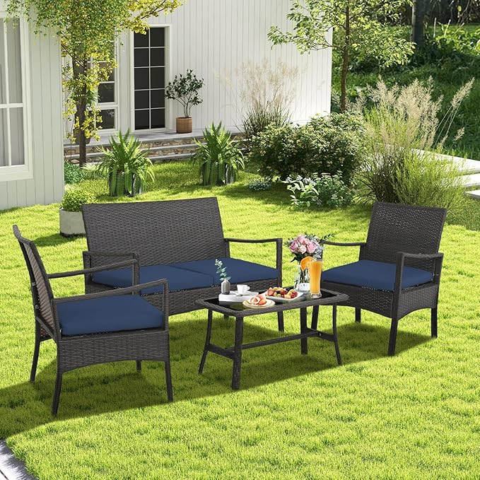 Tangkula 4 Pieces Outdoor Conversation Set, Patio PE Wicker Sofa