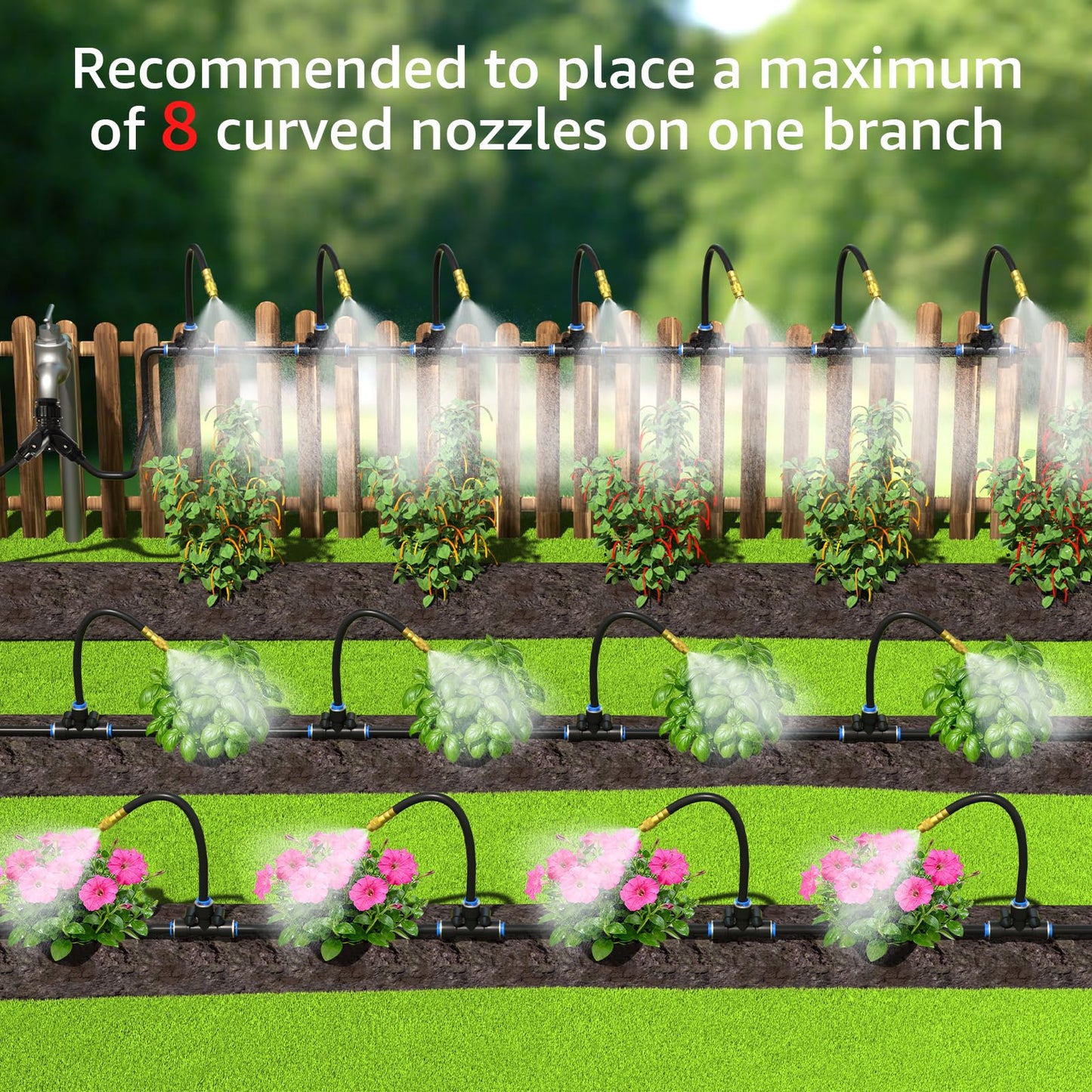 Bluepro Drip Irrigation System 100FT 1/4", 2026-Upgrade Garden Sprinkler Kit with 16PCS 360° Adjustable Copper Nozzles, Automatic Misting Watering System for Raised Beds, Greenhouse, Lawn, Patio, Yard
