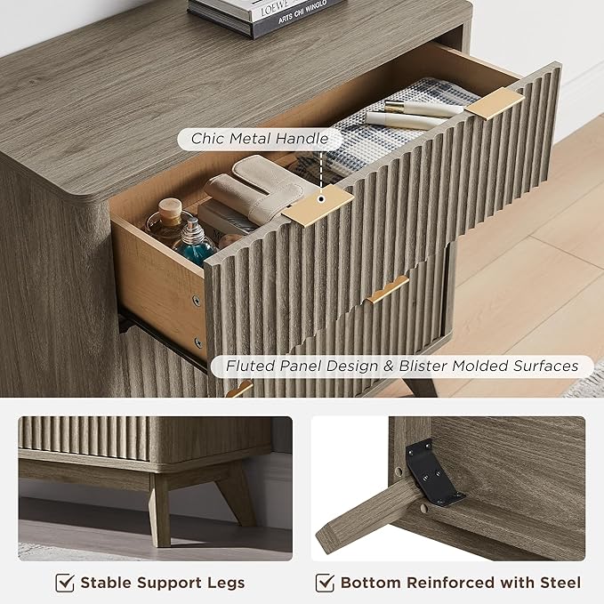 T4TREAM Fluted 3 Drawer Dresser, Curved Profile Design, Wood Drawer Organizer